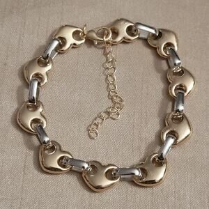 Silver & gold two-tone heart shaped coffee bean link chain bracelet